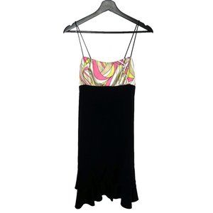 Vintage 90s Psychedelic Pattern Flutter Hem Spaghetti Strap Knee Length Dress Sm